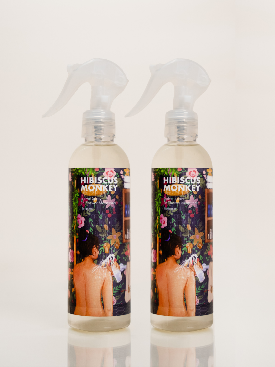 Hibiscus Monkey velvet spray bergamot In Shower Body Moisturizer bottle
