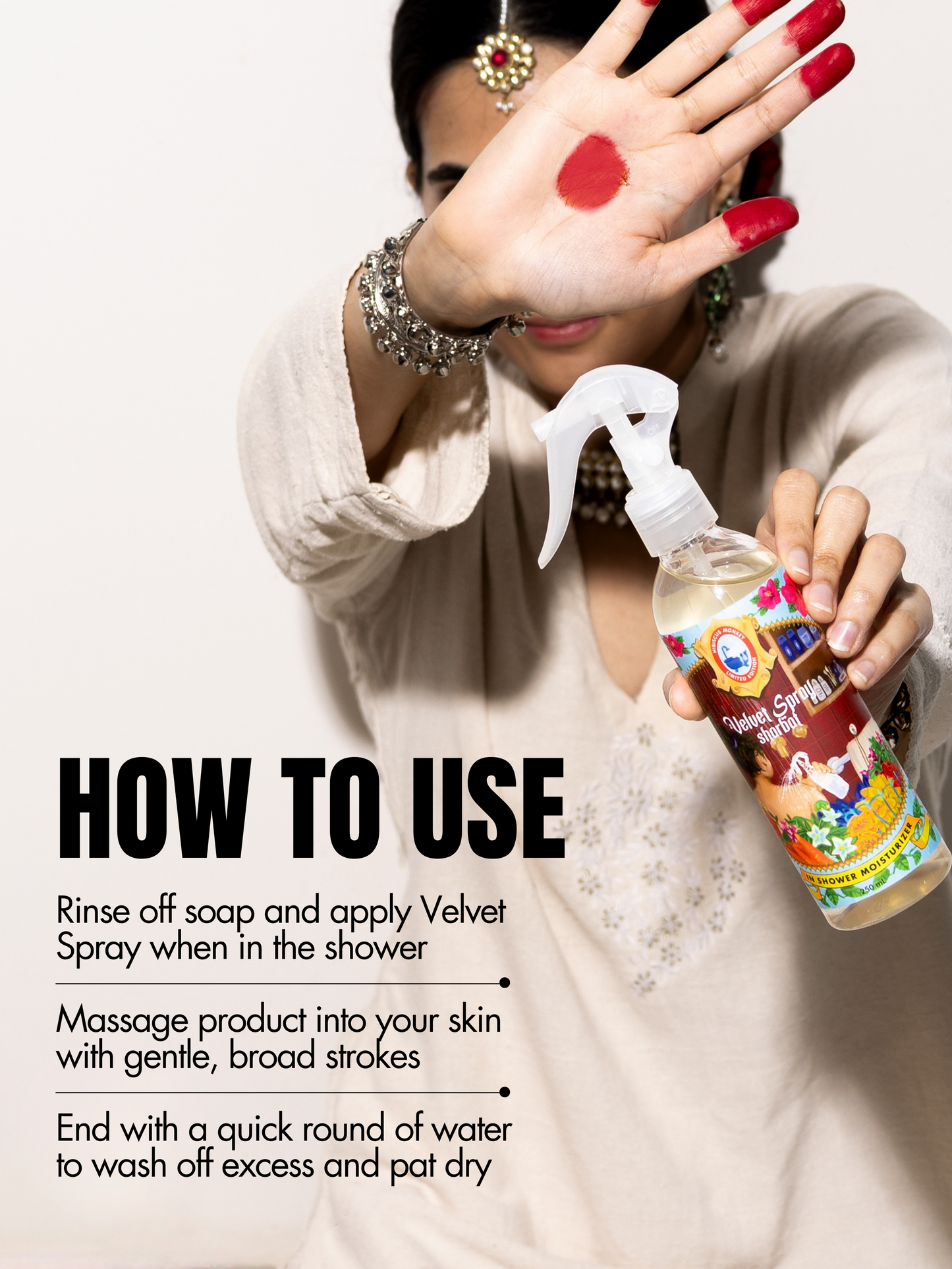 Steps to use in-shower body moisturizer velvet spray sharbat