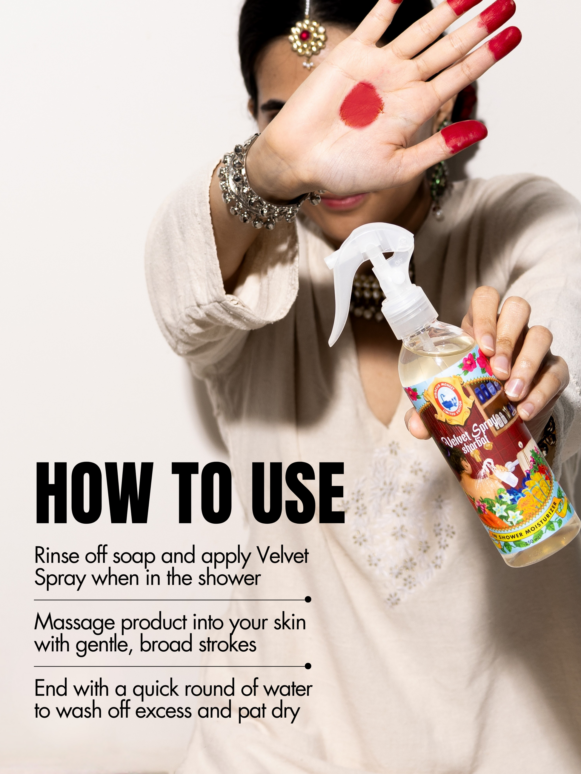 Steps to use in-shower body moisturizer velvet spray sharbat
