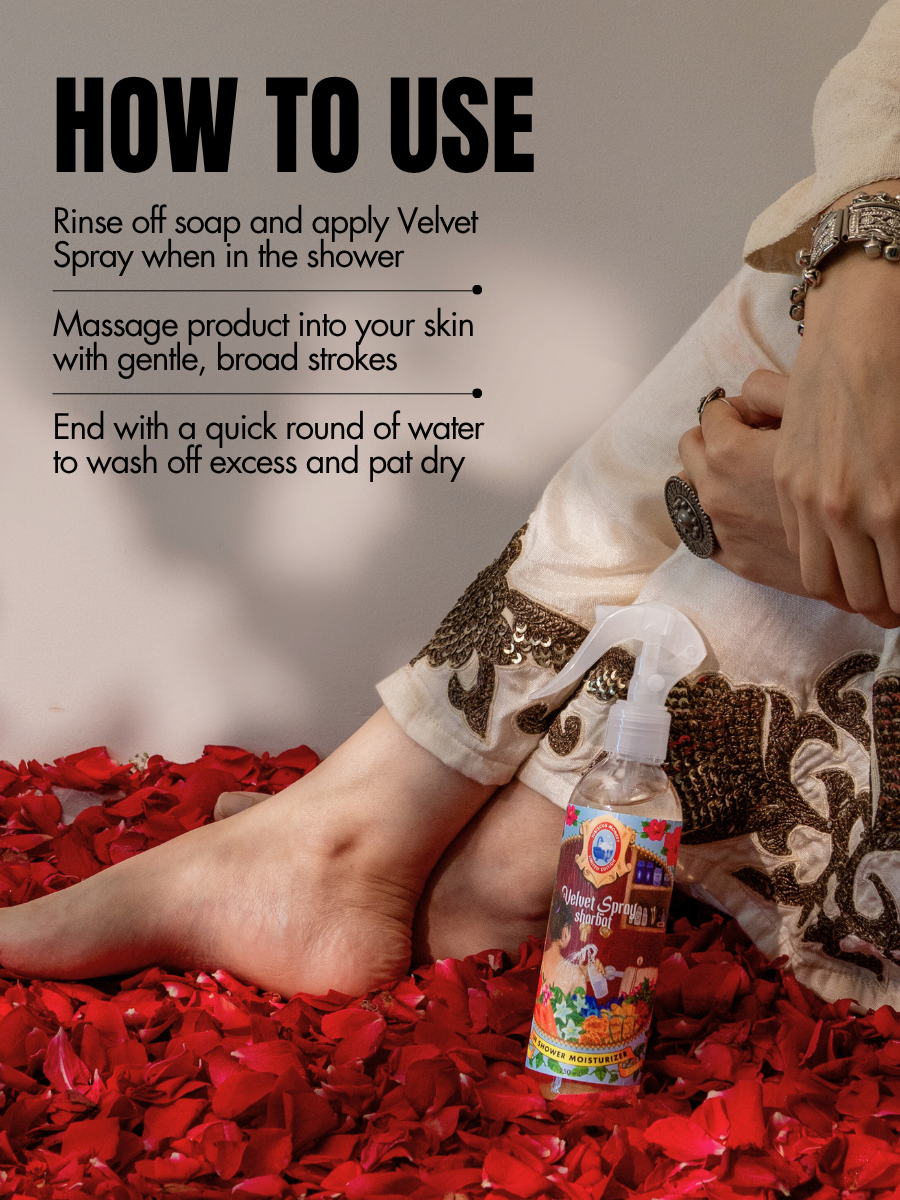 Steps to use velvet spray sharbat in-shower body moisturizer